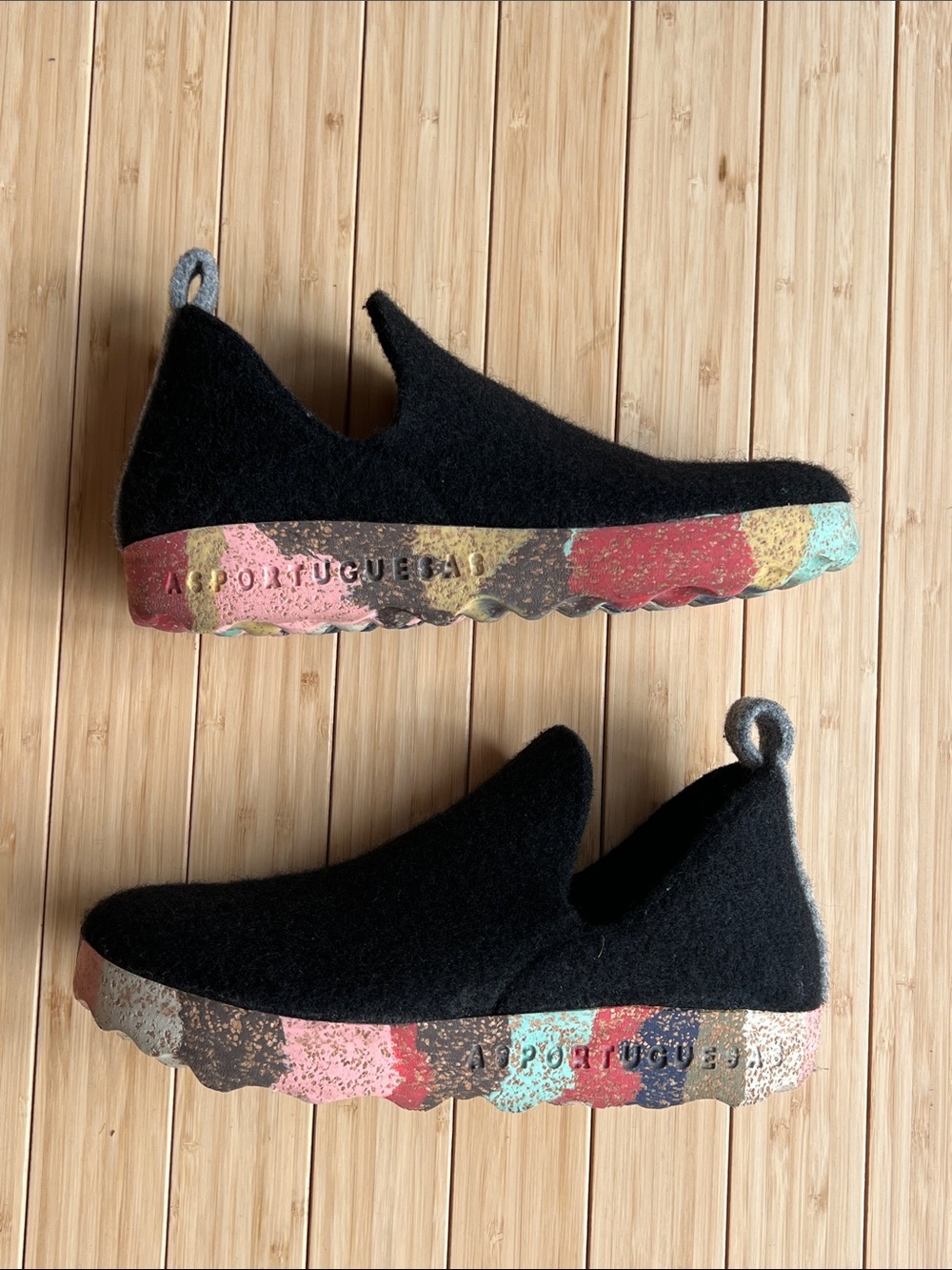 Asportuguesas Black Felted Slip-On Shoes with Multicolor Speckled Sole